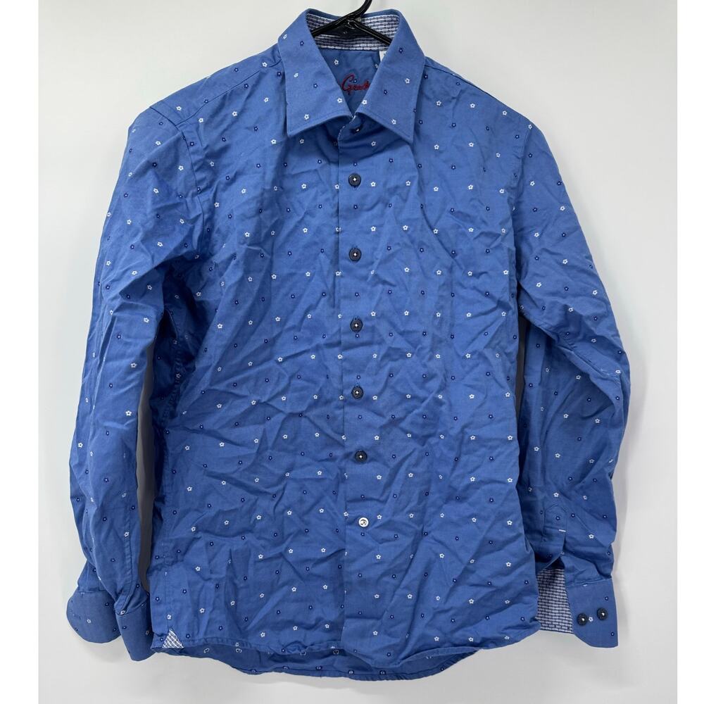 Robert Graham Boys Button Up Shirt L‎ 14-16 Blue Floral Print Long Sleeve Casual